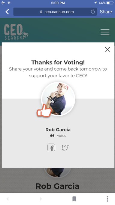 Just got to #Vote for myself in the #CEOSearch for @CancunDotCom make sure to hit the link and vote for<a href="/tag/vote"class="tags">#Vote</a><a href="/tag/ceosearch"class="tags">#CEOSearch</a>
