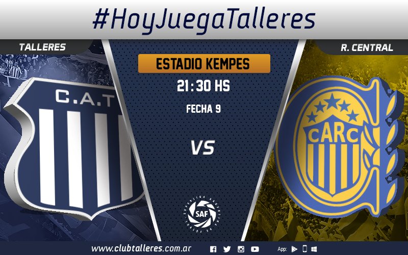 CATalleresdecba's tweet photo. ¡#HoyJuegaTalleres! 😀 Desde las 21:30 hs recibimos a Rosario Central en el #Kempes por la fecha 9 de la #Superliga. https://t.co/YNyAvuLbBK