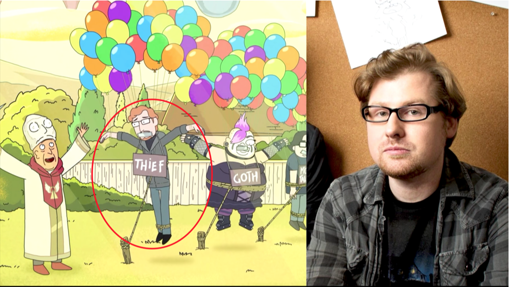 SH1TRICKSAYS's tweet photo. #DidYouKnow in “Get Schwifty”, @JustinRoiland actually makes a cameo appearance as himself? (the dude marked thief tied to the balloons by command of Principal Vagina) 😂😭😱 https://t.co/n1Yp4c7D7C