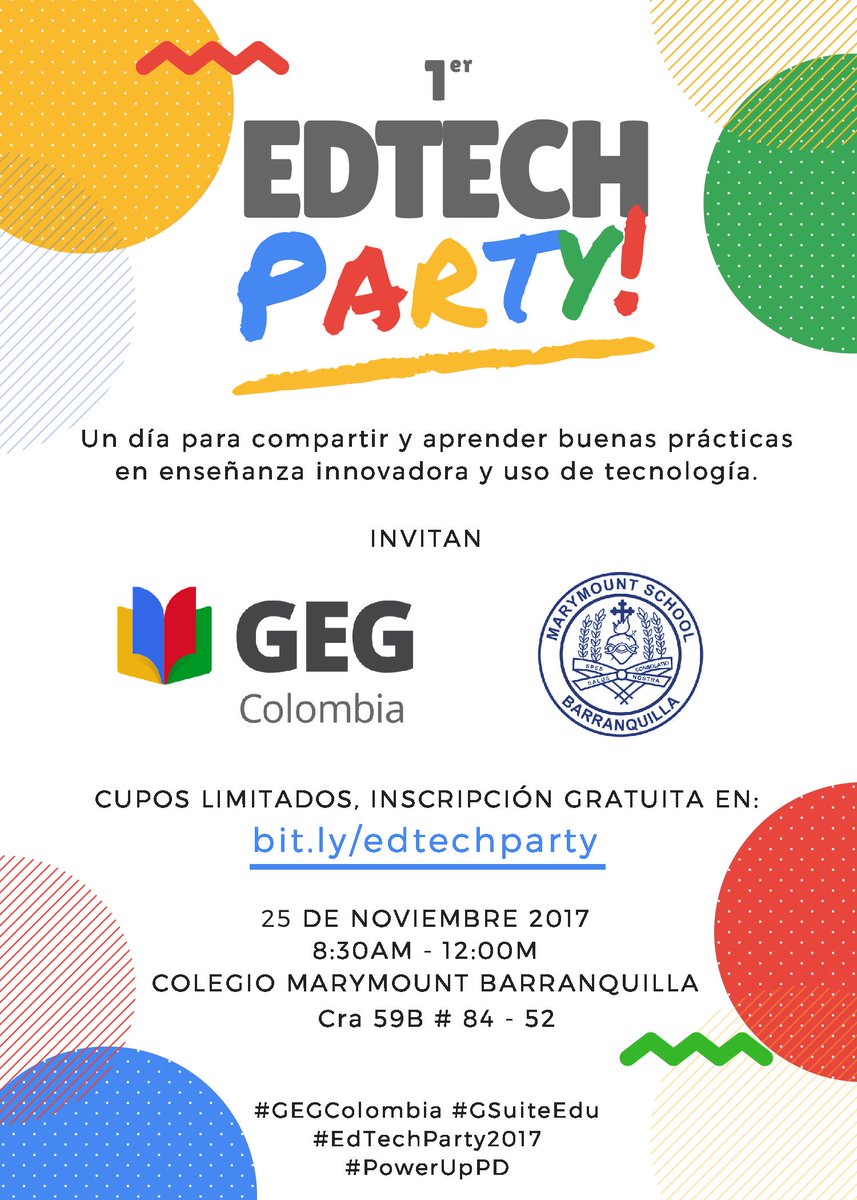 federico_1026's tweet photo. Algunos premios del 1er #EdTechParty2017 que organiza el #GEGColombia. Además gracias a @edtechteam rifaremos una inscripción al Google Summit en Cartagena! Inscríbete: https://t.co/fXrSqu4fST #GSuiteEdu #PowerUpPD  @GoogleForEdu @GoogleColombia https://t.co/pmhGqqDMPR