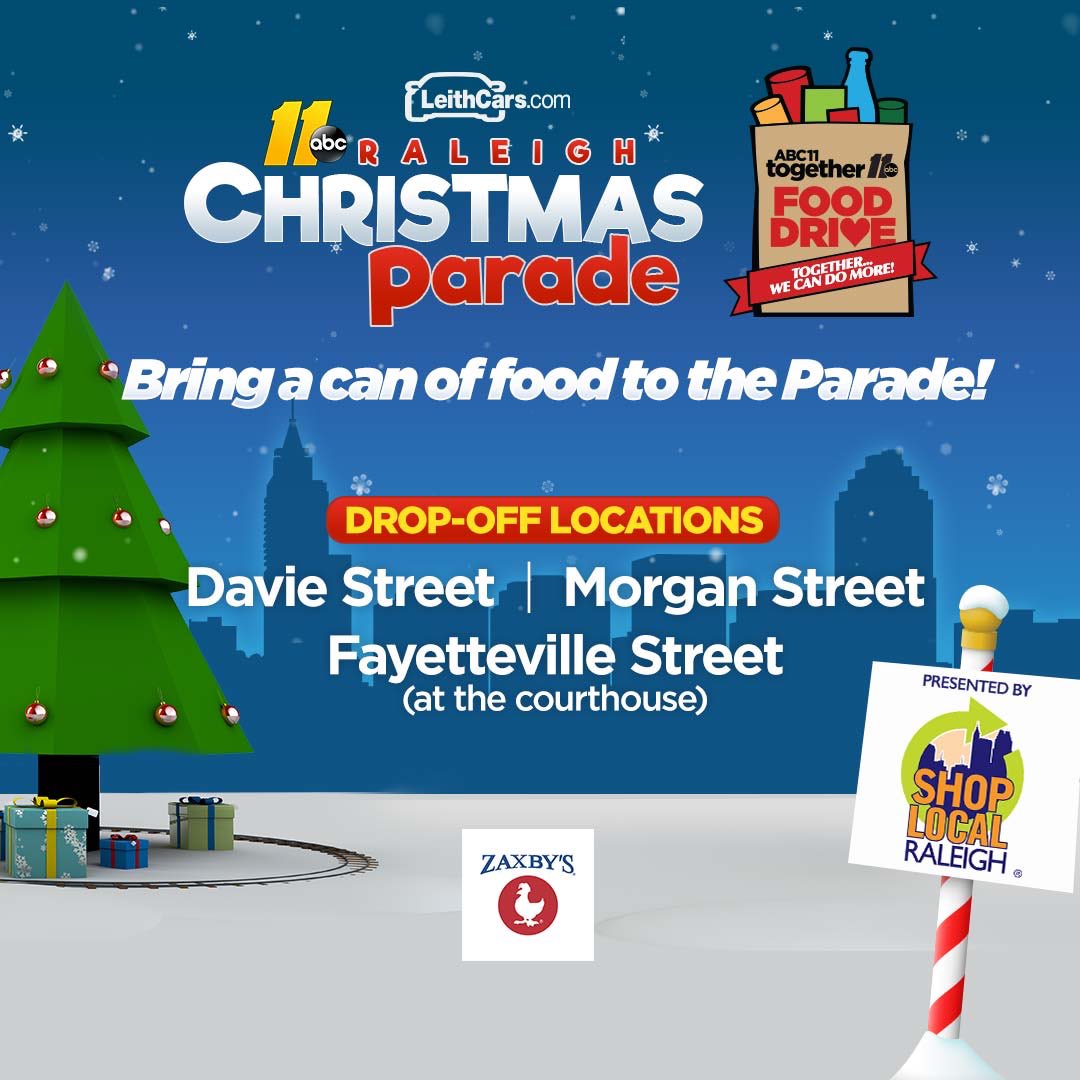 GloriaABC7's tweet photo. TOMORROW - Don’t forget to bring a can of food &amp; letters to Santa to the @LeithCars .com #ABC11 #RaleighParade presented by Shop Local Raleigh. If you bring 3 cans or more you get @Zaxbys coupon! https://t.co/5uLB7JuYIv
