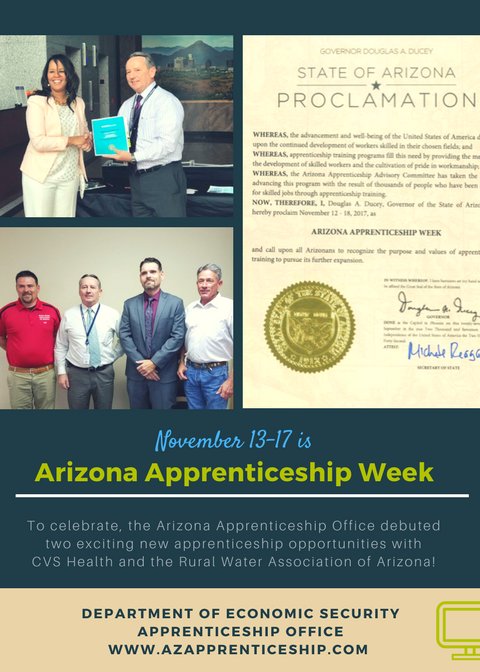 ARIZONAatWORK's tweet photo. In celebration of Governor @dougducey recognizing November 13-19 as Arizona Apprenticeship Week, the @ArizonaDES Apprenticeship Office partnered with @CVSHealth and the @Ruralwaterofaz to debut two exciting new apprenticeship opportunities! #Apprenticeshipweek2017 https://t.co/T03RK1Ju1Z