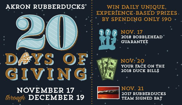 Day 1 ('18 bobblehead guarantee) of the 20 DAYS OF GIVING was won by @chandraconzett of <a href="/LeppoRents/">Leppo Rents</a>! Monday's Day 2: YOUR FACE ON THE DUCK BILLS! 

20 unique prizes, now through Dec. 19, and enter for as little as $90. LEARN MORE: atmilb.com/2AGNcpO