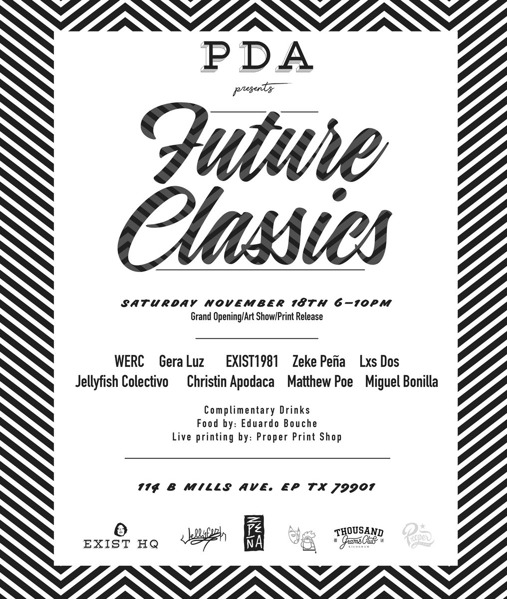 CohortC's tweet photo. Cohort @EXIST1981 unveils PDA, his new Gallery/Shop/Studio in Downtown El Paso TX with epic group show #FutureClassics Sat Nov 18th 6-10pm 👌✨ #art #elpasotx https://t.co/ipjqmzHvUk