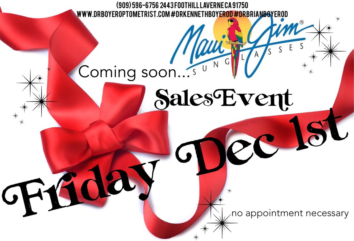 DrKennethJBOYER's tweet photo. Start making your list...check it twice! Someone who’s been nice deserves this! Maui Jim trunk show exclusively at our office December 1st. 🌴(909) 596-6756 https://t.co/Ee16BnbtSZ #drkennethboyerOD #AlohaFriday #optomet #laverne #savvy109 #aloha #maui #weekend #TGIF #sunnies https://t.co/bSAFZRov5K