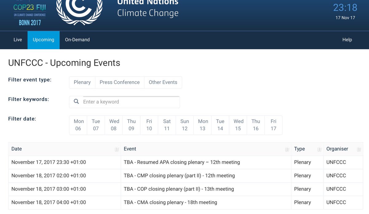 Matthias_Duwe's tweet photo. Long hours ahead still to finish #COP23 indicates #livestream schedule https://t.co/duQPyGoo9P #finalhours #midnightoil #adaptationfund #farawaysoclose https://t.co/s69ID1uT22