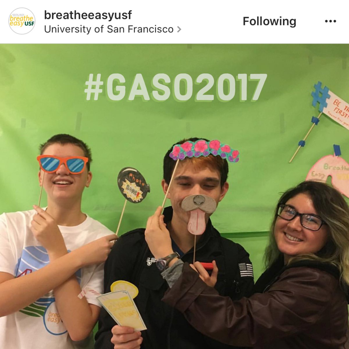 USFhps's tweet photo. At #GASO2017 yesterday, our Clean Air Marshal and friends know how to promote a tobacco-free life & have fun. Follow @BreatheEasyUSF #usfca https://t.co/uP8xEyC3y2