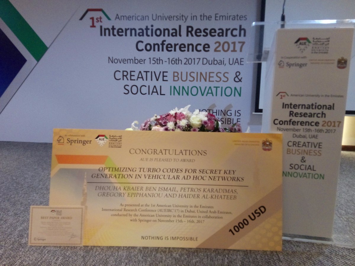 H4ider's tweet photo. Our team got the Best Paper Award Achievement at #AUEIRC, "Optimizing Turbo Codes for Secret Key Generation in Vehicular Ad Hoc Networks"
Dhouha Kbaier Ben Ismail, Petros Karadimas, Gregory Epiphaniou, and Haider Al-Khateeb -- @uobnews https://t.co/td5ot8hApR