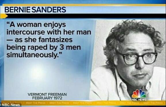 GenRickDeMarco's tweet photo. Why do you think @SenSanders is so silent on his colleagues sexual misconduct allegations & actions! He is a sick perverted freak. He thinks women fantasize about being raped during intercourse. RT if you think this sick demented freak needs to resign! #Metoo #BernieResign https://t.co/NhQH0G8nhW