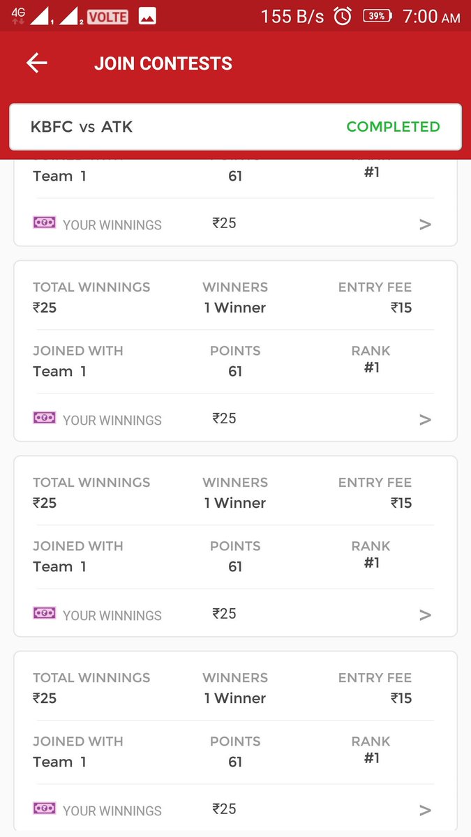 JarvizOfficial's tweet photo. #Dream11 
#KERKOL 
#KBFCvATK 
Our personal team users results 
He won 75 small Lea view of 12/40
15/25 won all https://t.co/8UPnI8bEdU
