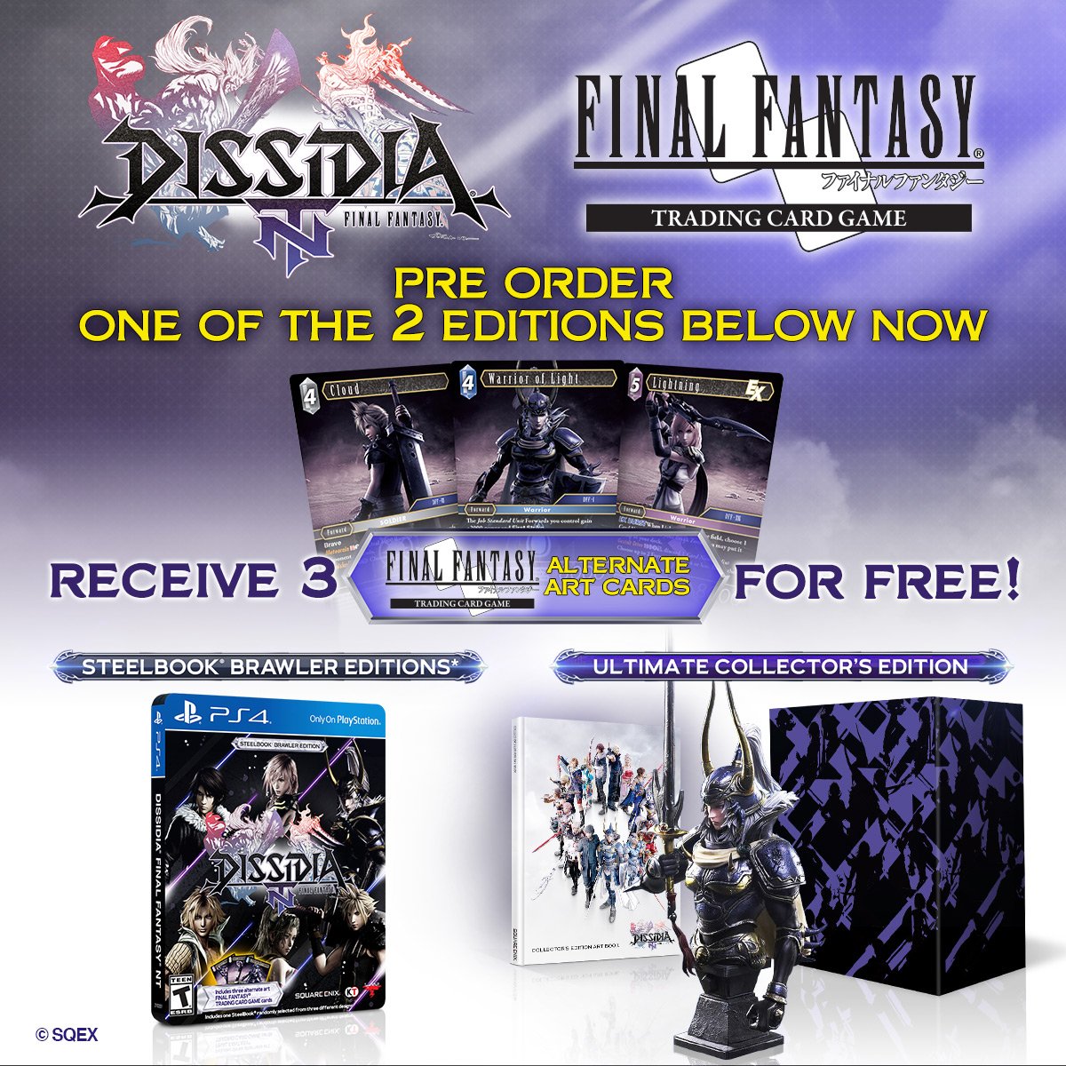 FinalFantasy's tweet photo. A pre-order of #Dissidia FF NT Ultimate Edition of SteelBook Brawler edition gets you the new #FFTCG cards that include Cloud, Warrior of Light and Lightning. Get the scoop on the latest #FFTCG excitement on our blog here ➡️ https://t.co/EedGhwkV3z https://t.co/Cu6tTA8Apf