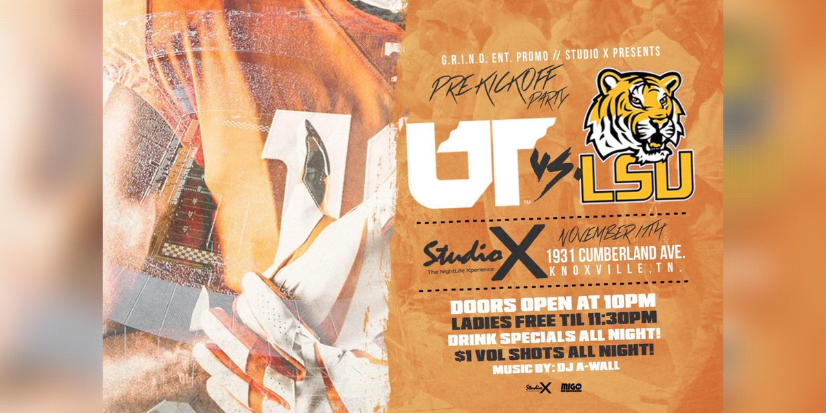 GRINDEntPromo's tweet photo. Tonight!!! We goin up. Kicking off the #UTKvsLSU game weekend the right way w/ #UTK own @_DJAWALL on the 1s nd 2s. doors open @ 10. beat us there.....#GOVOLS #GoBigOrange #PullUp #Knoxville #AWALLSEASON https://t.co/8JI6A5rSTK