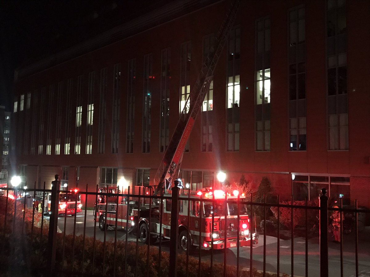 BREAKING: Small fire, maybe chemical, in Regents lab. <a href="/dcfireems/">DC Fire and EMS Department</a> and GERMS on the scene. 3 university staff taken to hospital for checkup.