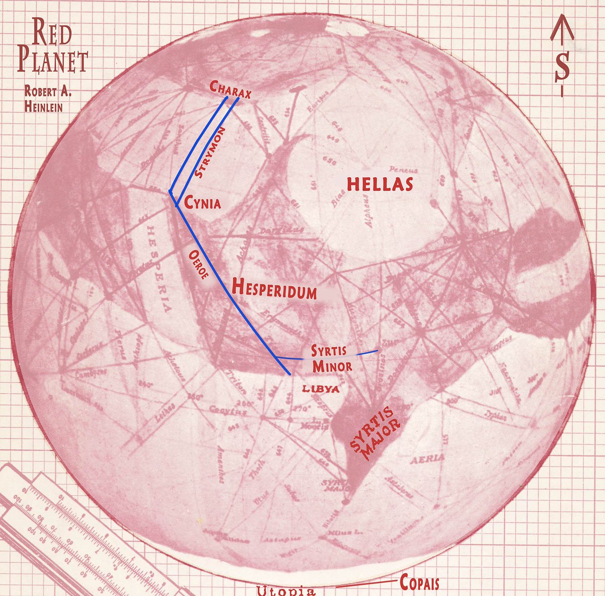 ParallaxRadian's tweet photo. Map of Mars from inside the cover of Red Planet by Robert A. Heinlein I enhanced to highlight places & canals traveled in the novel. Original map from Scribner's edition of #RedPlanet. #Mars #Heinlein #Martian #scifi #Schiaparelli #Lowell #Ares #Charax #grok #space #Stryom #Cynia https://t.co/DT8mut9NyE