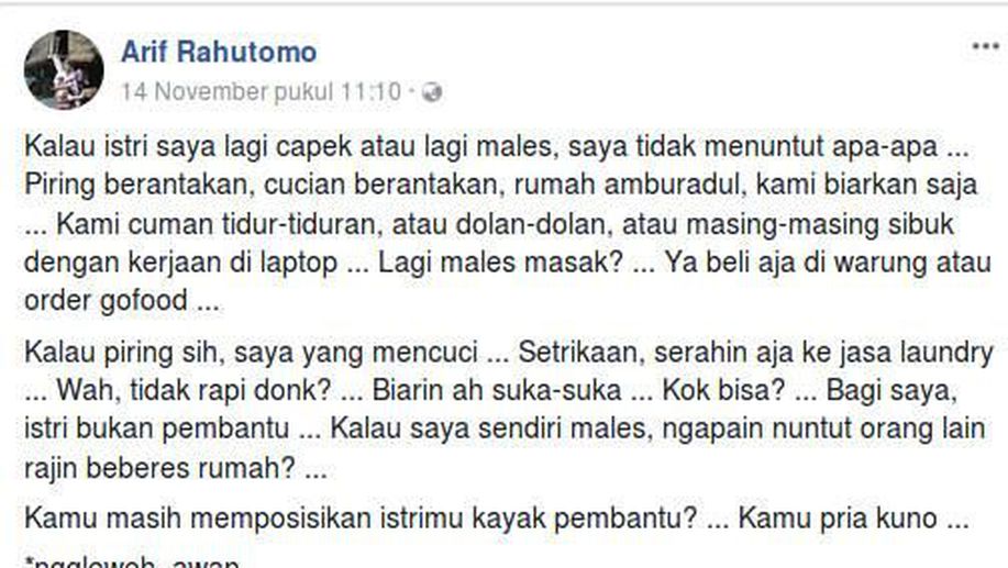 Viral Curhatan Suami Zaman Now di FB Soal Istri Bukanlah Pembantu detik.id/VRQJ12