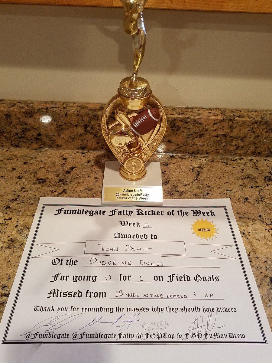 CoachAKieft's tweet photo. This week's #FFKOW goes to a very deserving recipient. @DuqFB @GoDuquesne kicker @johndomit for his performance against the @CCSUBlueDevils @CCSUfootball. Check out Episode XV @fumblegate to hear about it. https://t.co/WoDqSV8Qqw