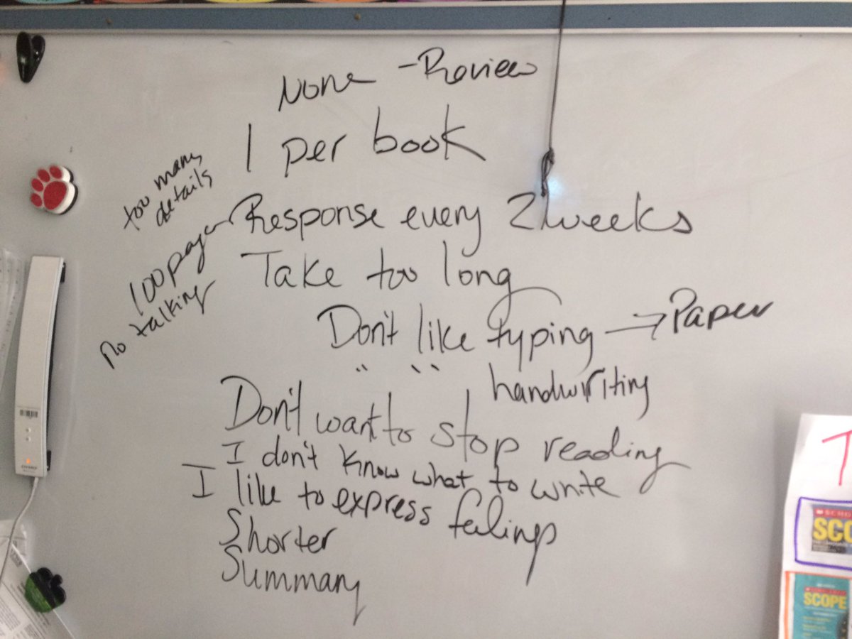 Mrs_Bookdragon's tweet photo. Just had a very real and amazing conversation with Ss about reading responses and book reviews. Loved their honesty and we worked together to find something that worked and was valuable to THEM. #workwithstudents #edchat #literacy https://t.co/zNhwVNtMxC