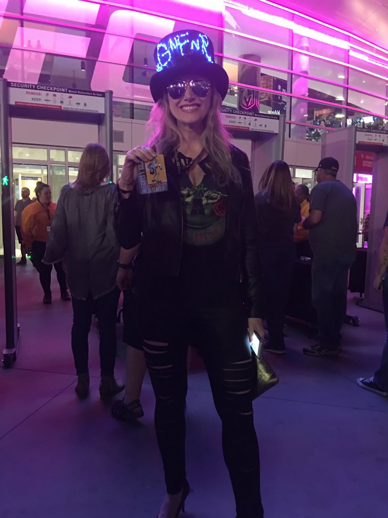 melbrown6's tweet photo. @gunsnroses We're on the Nightrain baby!!  Section Floor J, Row N, Seats 3 &amp; 4.  #GNRVegas #NotInThisLifetime #GnFnR https://t.co/RKWINKAhmh
