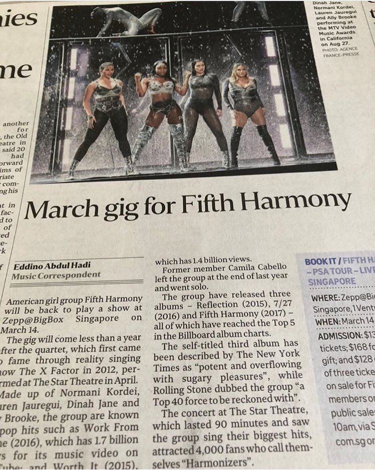 DJHansenUpdates's tweet photo. Fifth Harmony mentioned on a newspaper in Singapore regarding the #PSATour in March; 11/17 (via djhansen1997 on IG) https://t.co/iKziT1L6P1