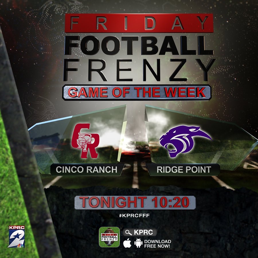 KPRC2's tweet photo. Watch #KPRCFFF tonight at 10:20 as Cinco Ranch takes on Ridge Point! MORE Friday Football Frenzy here: https://t.co/ytrVAwOS2i #KPRC2 https://t.co/sgxdNji8TP