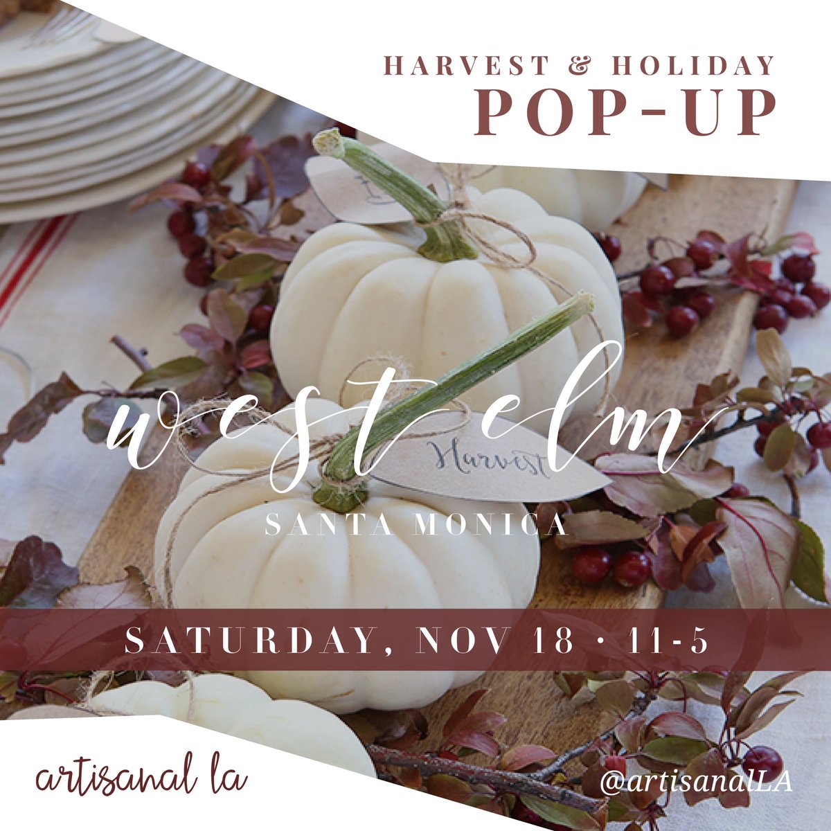 Saturday afternoon at #westelm we will be serving up cocktails at the #artisinalla Harvest &amp; Holiday pop-up! See you there!