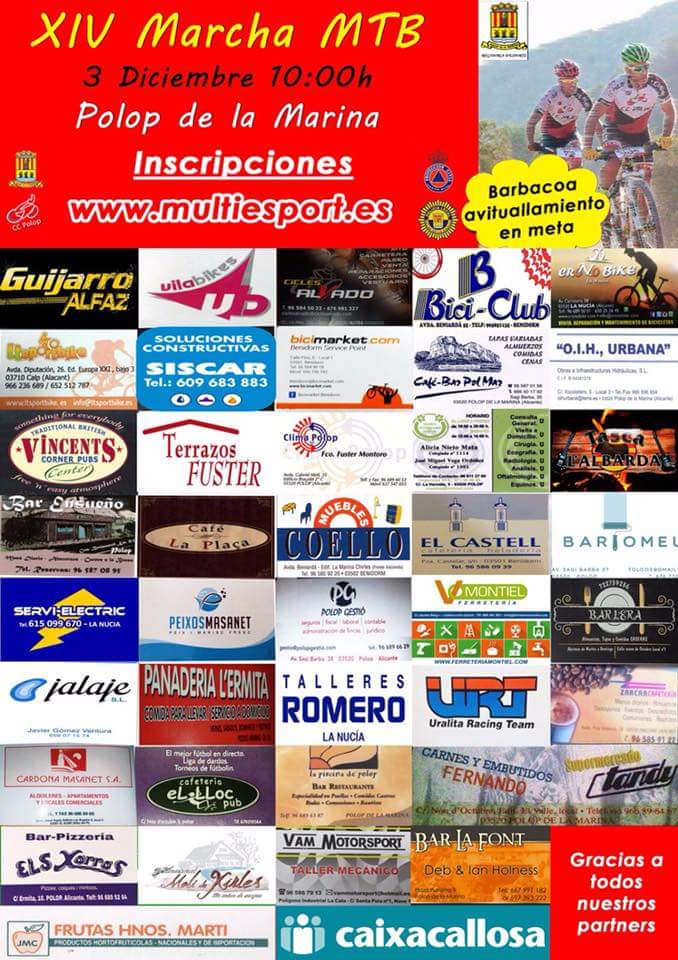 #PN #Polop #deporte El próximo 3 de Diciembre a las 10:00h. tendrá lugar en <a href="/polopdelamarina/">Polop de la Marina</a> la XIV Marcha MTB organizada por el Club Ciclista Polop de la Marina.
Inscripciones 👉 multiesport.es
m.facebook.com/story.php?stor… vía @polopnoticias