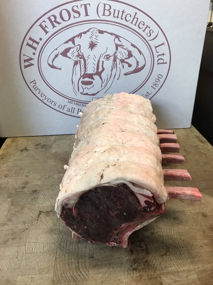 frostybutcher's tweet photo. We're having a shoot lunch @thestamfordpub tomorrow. First job this morning was preparing our 5 week dry aged rib of Limousine beef. This will be amazing. #properbeef https://t.co/rupkGLB0bI