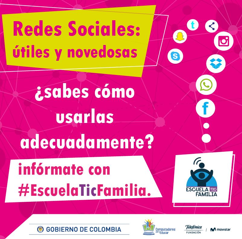 Ministerio_TIC's tweet photo. Redes Sociales: útiles y novedosas. Infórmate sobre su uso con #EscuelaTicFamilia https://t.co/TL36YnLBqy https://t.co/nilsCpmWaD