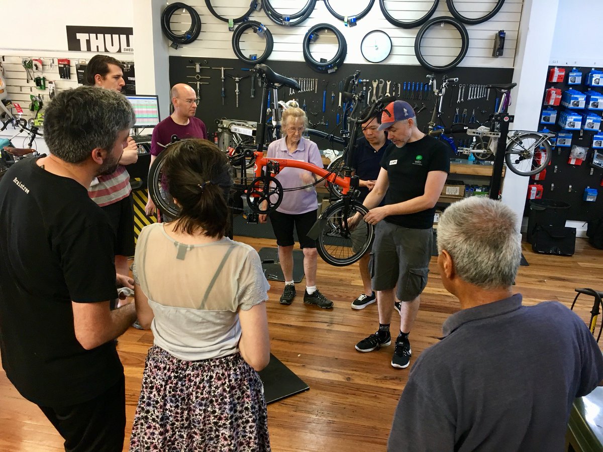 Brompton_MEL's tweet photo. Todayโs #Brompton #maintenancesession was a blast! Our #bromptoneers had fun learning practical skills and tips. Thanks @Velo_Cycles for hosting & running the session. ๐#premierstore #bicyclemaintenance #upskilling #madeforcommuting #madeforcities #madeformelbourne https://t.co/ep7hmmVvL3