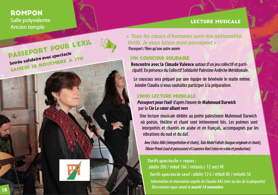 ConfPaysanne07's tweet photo. Soirée solidaire ce samedi 18 novembre à #Rompon à partir de 19h avec un spectacle d’après l’œuvre de Mahmoud DARWICH
#Ardèche https://t.co/Gv5BeZXvBq