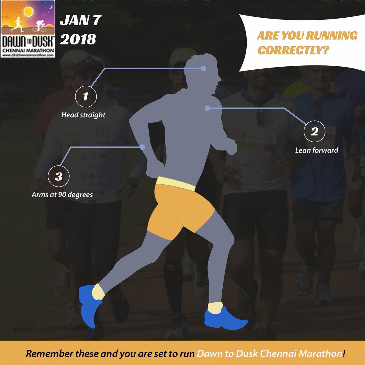 D2DMarathon's tweet photo. #Marathontraining tip: While running, remember to keep your head straight, lean forward, and breathe! 
Chennai's most anticipated marathon is back. Register for the #Dawn2Dusk Marathon at https://t.co/doV4LP8d58
#D2DMarathon2018 #D2D #Runners #Cycling https://t.co/A2LFW96Mzz
