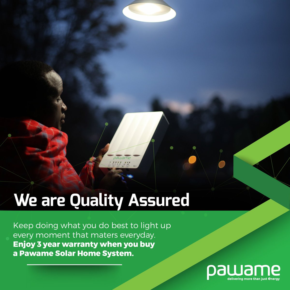 PawameAfrica's tweet photo. We are quality assured. Because we know peace of mind matters to you, we offer 3 years warranty on our Solar Home Systems. #3yearwarranty #QualityAssurance https://t.co/AscHtteM31