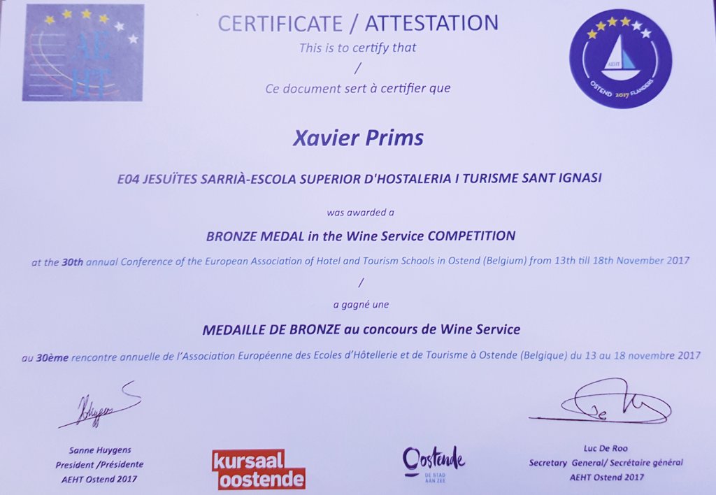 EshtSantignasi's tweet photo. Our student @xprimscarbonell won the #BronzeMedal in #WineService category at the #30edition of #AEHT #InternationalContest in #Oostende #Belgium. Congratulations !! https://t.co/idpLOk1mTU
