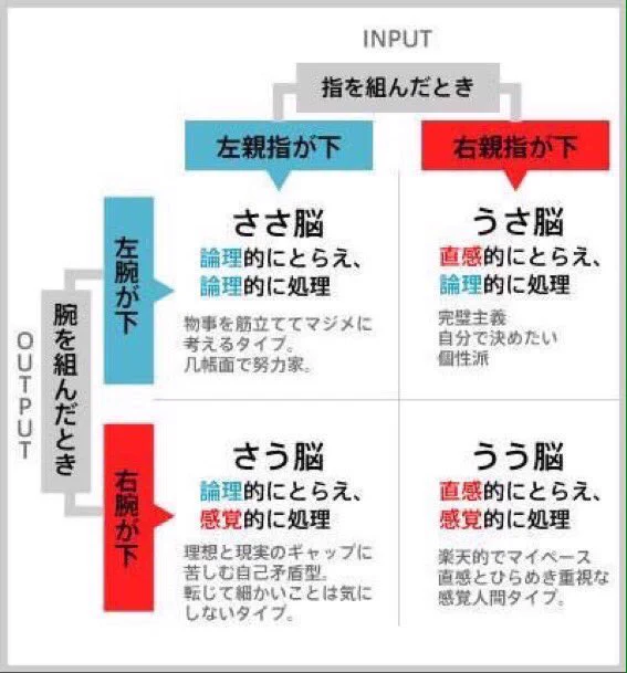 あなたの脳は何脳！？腕と指の組み方で物事の考え方や性格がわかるwww