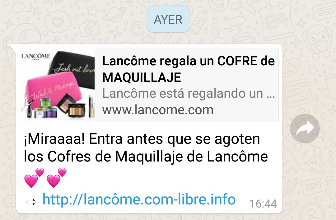mossos's tweet photo. 🚨 Circula aquest missatge per #WhatsApp en què et regalen un cofre de maquillatge. No piquis i no segueixis l'enllaç, podria ser un virus o #malware https://t.co/2b99uSMjNA