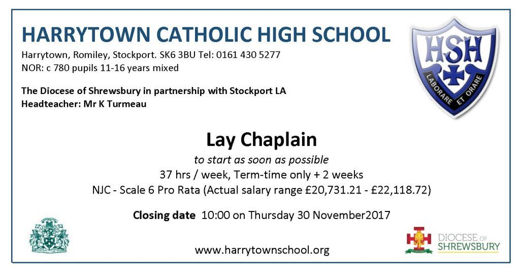 RCYouthWorker's tweet photo. UK #Job closing 30 November 10:00 am: #LayChaplain, #Harrytown Catholic High School #Stockport @ShrewsRCnews https://t.co/eNjQ8GM3vn https://t.co/twe0xlTafk