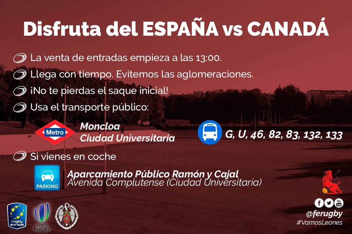 ferugby's tweet image. #XVdelLeón | RECOMENDACIONES para el día de partido
🏉 v @RugbyCanada #ESPvCAN
🏟️ El Central @unicomplutense 
⌚️ K.O. 15:45 ¡¡Lega con tiempo!!
#VamosLeones #TeamESP