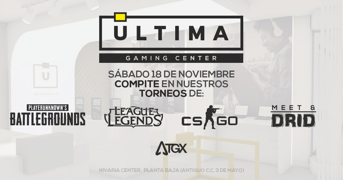 0xeiser's tweet photo. Hoy tenemos #UltimaEvent de @UltimaTfe 👏🎉
16h - Calentaremos motores con el reto de #PUBG
18h - Inicio del evento de inauguración
18.30h - Final del torneo de #LoL 5VS5
¡Y justo después torneo de #CSGO 1VS1 + Meet and @DriDzZz!
➡ https://t.co/yRc3GwIY6n https://t.co/JZ3OmEO5kG
