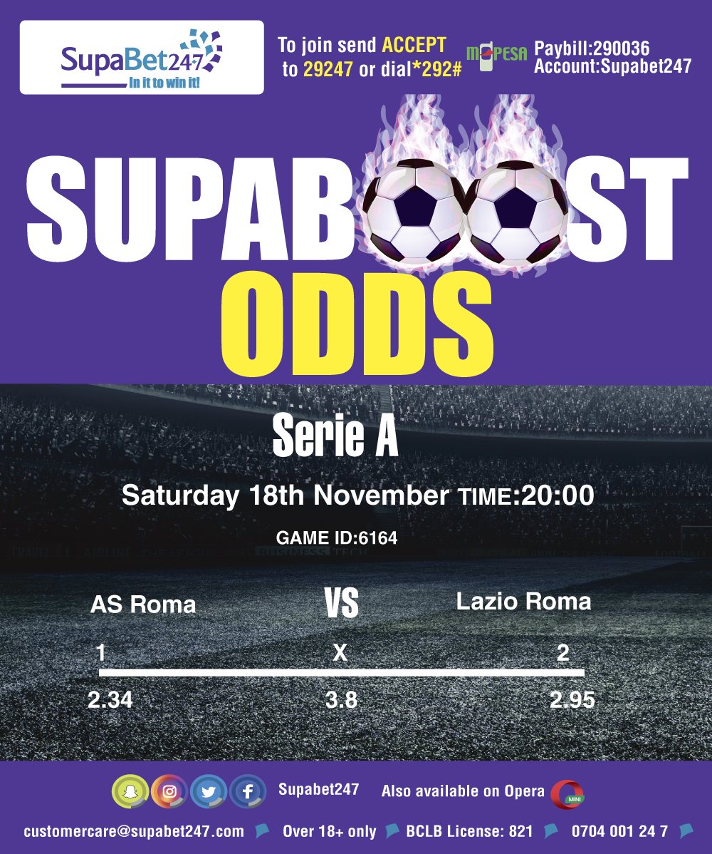 SupaBet247's tweet photo. Roma & Lazio are in fantastic form going in to this clash. Who will win?
Get the most on every game you win! Take advantage and get a boost up. BET NOW! #SupaBoost your winnings this weekend. #BestOdds #HottestOdds. @MissCarolleKay @SMukangai @alikauleni @GameYetu https://t.co/1j9VCeIfcS