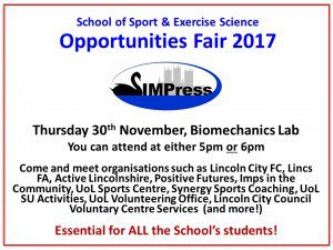 Sport &amp; Exercise Science Opportunities Fair, Thurs 30th November impress.blogs.lincoln.ac.uk/2017/11/18/spo…