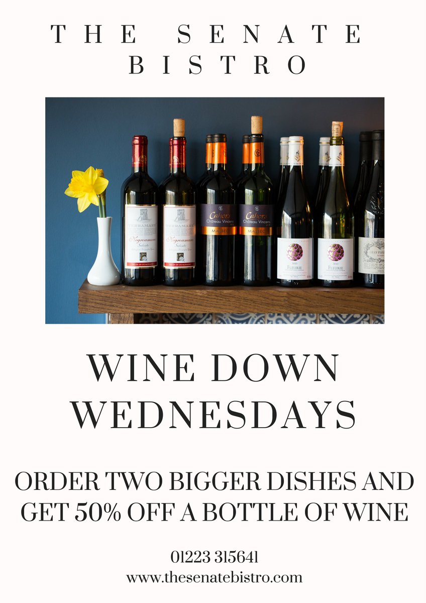 SenateBar's tweet image. Introducing 'WINE DOWN WEDNESDAY'S!!' at The Senate - Order 2 Bigger Dishes and get 50% off a Bottle of wine

*offer includes the first five whites and reds from the wine list. Two bigger dishes to be ordered to redeem the discount. Discount on first bottle only.