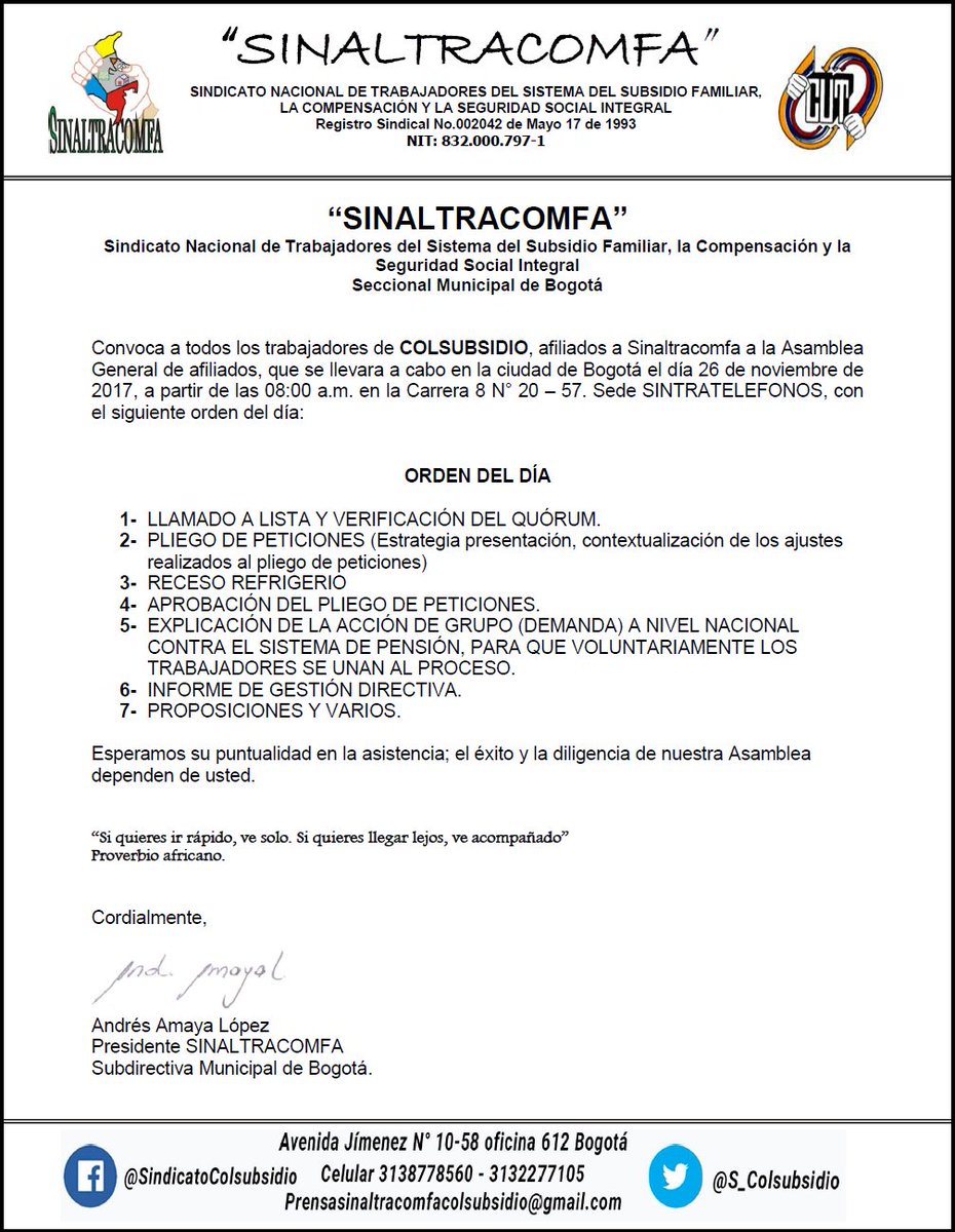 S_Colsubsidio's tweet photo. SINALTRACOMFA Seccional Municipal de Bogotá.

Convoca a todos los trabajadores de COLSUBSIDIO, afiliados a Sinaltracomfa a la Asamblea General de afiliados, Bogotá el día 26 de noviembre de 2017, a partir de las 08:00 a.m. en la Carrera 8 N° 20 – 57. Sede SINTRATELEFONOS.

👍 https://t.co/HF1wWBvNis