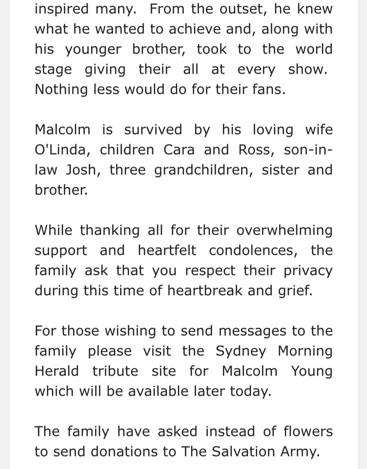 Full statement from Malcolm Young's family. <a href="/2GBNews/">2GB News</a> #ACDC