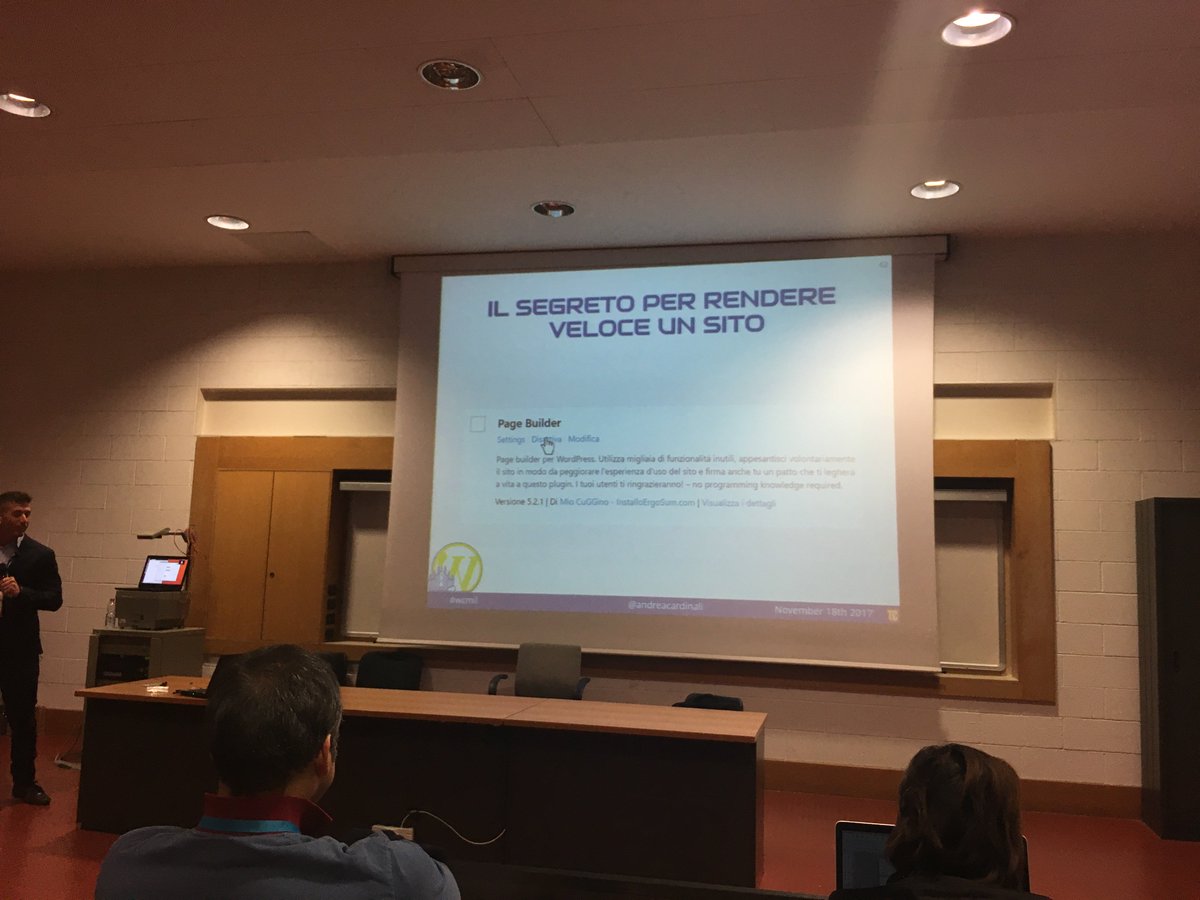 Ecco il segreto per avere un sito veloce secondo <a href="/andreacardinali/">Andrea Cardinali</a> "Disabilitare i page builder!" #WCMIL