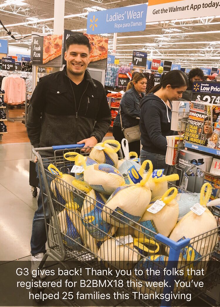 G3_Com's tweet photo. 25 🦃’s donated!

Thanks to all of this weeks’ @B2BMX registrants! You’ve helped feed 25 families this #Thanksgiving!

👏👏👏

#G3GivesBack #B2BMX https://t.co/x8mEiHKzOd