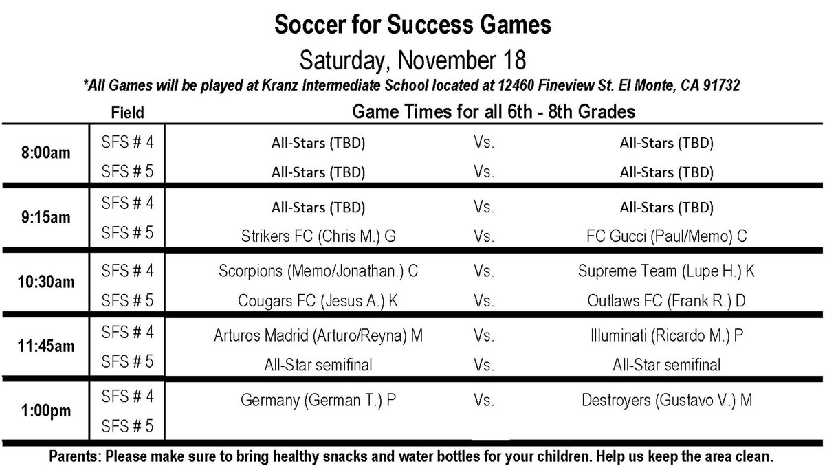 em_sfs's tweet photo. Another wonderful day for our #intramural #soccerforsuccess games in #elmonte. Here’s the game schedules for today, see you at Kranz Middle School folks. @ussoccerfndn @CityofElMonte @DrMaribelGarcia @MountainViewSchoolDistrict @Up2UsSports #soccerforsuccess #SBYD https://t.co/z55Aj8SRxR