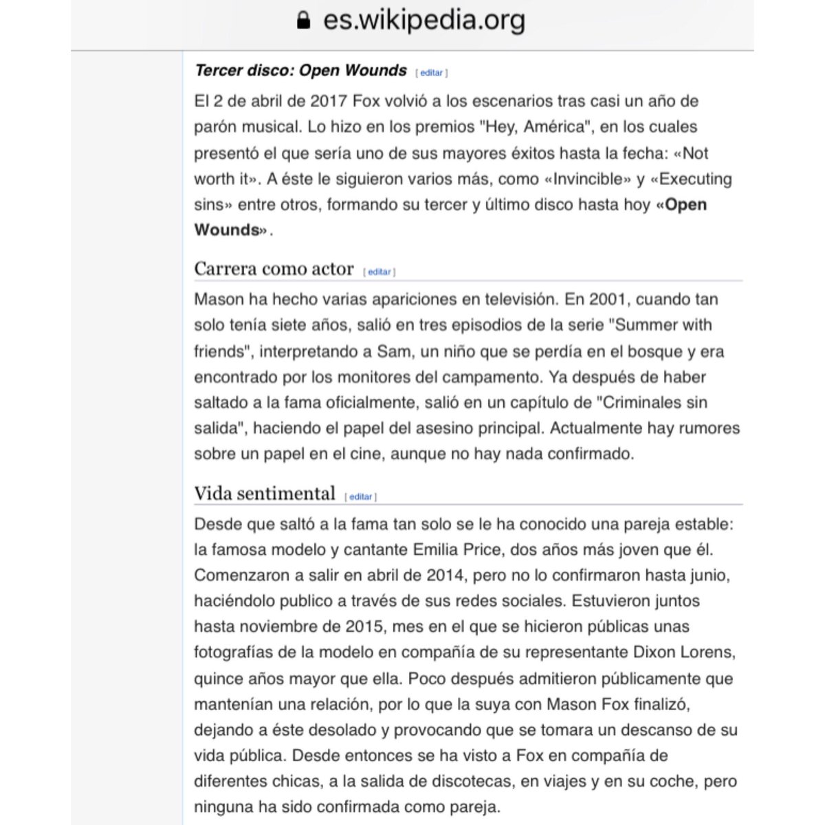 LaReinaRoja6's tweet photo. #MasonFox está en #Wikipedia 😱 (no sé hasta cuando😂, pero está). 

#VidaPrestada #Wattpad

https://t.co/9ekCfAGPOE https://t.co/IXS38yxBva