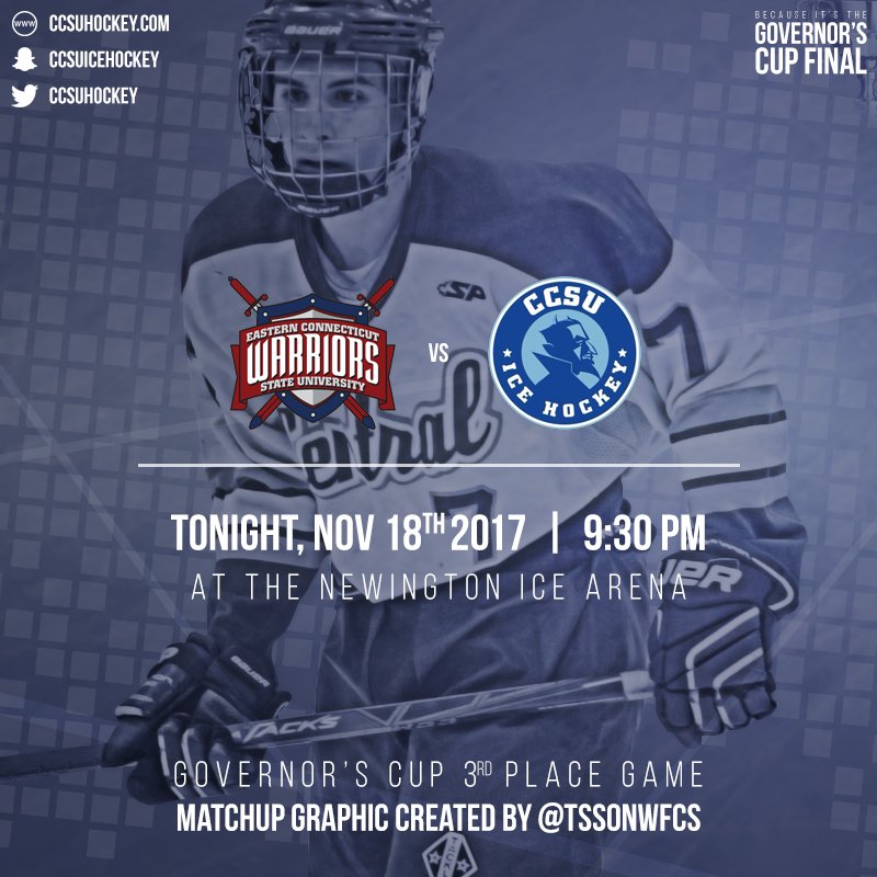 TSSonWFCS's tweet photo. Tonight! at 9:30 PM @CCSUhockey takes on @ECSUmenshockey in an @SECHLHockey / @achamensd2 matchup at the @NewingtonArena in the Governor's Cup 3rd Place Game #BecauseItsTheGovCup #BadBoys #CollegeHockey https://t.co/rNSzt2MZdW