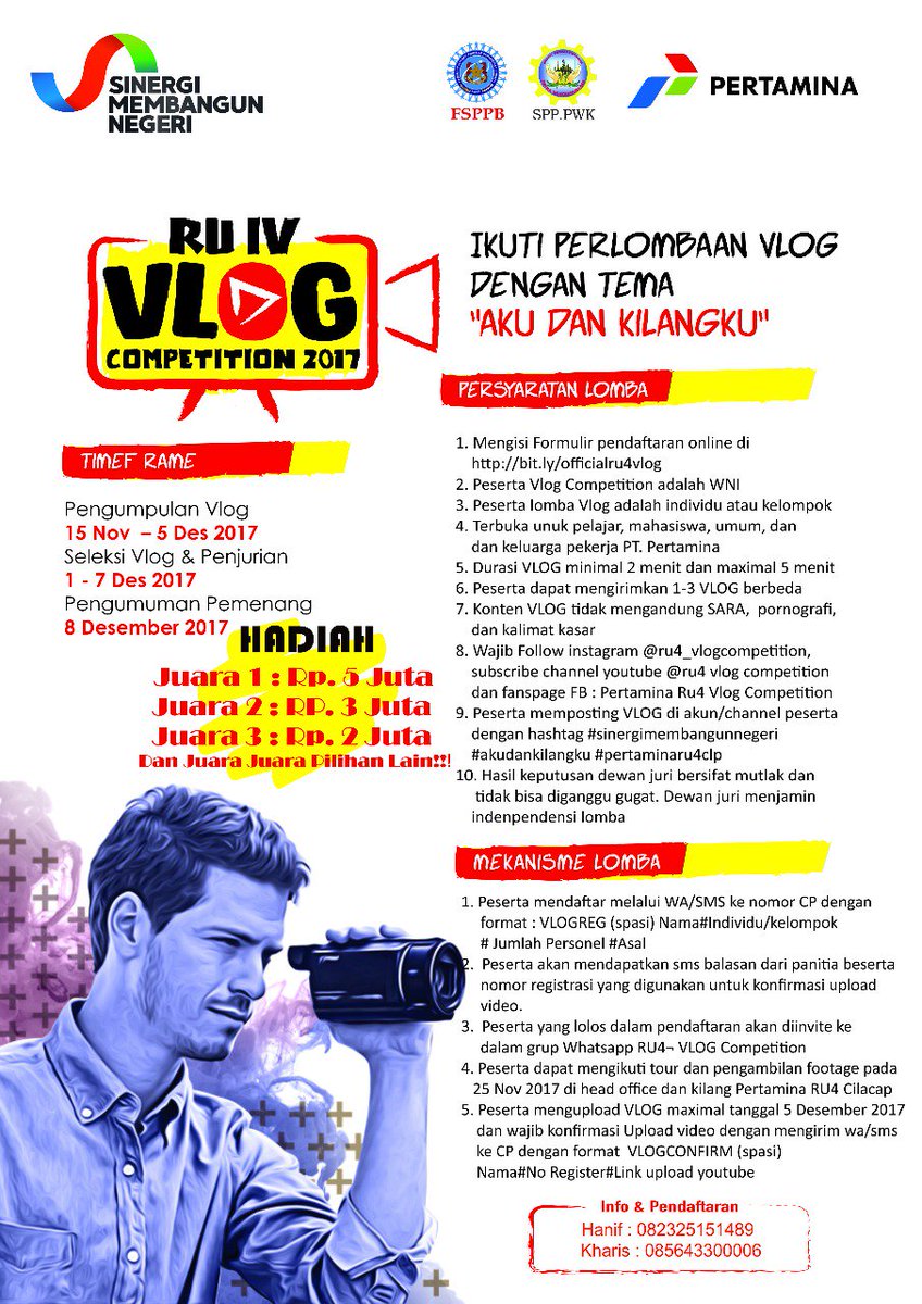 Lihat kilangnya dan buat Vlognya !!! Berikut syarat dan ketentuan untuk kalian yang mau ikut RU4 VLOG competition. Untuk pendaftaran bisa call nomor kontak yang tercantum atau daftar via google form disini bit.ly/officialru4vlog