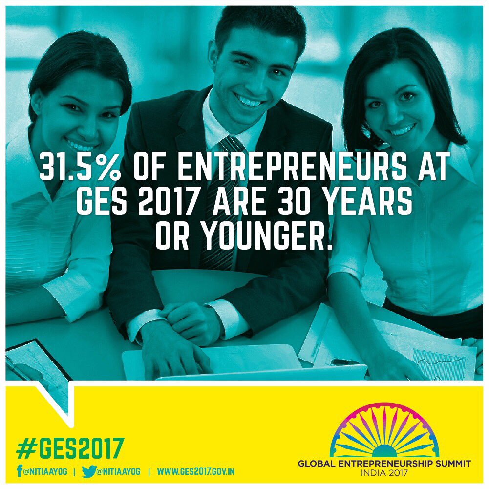 NITIAayog's tweet photo. At #GES2017, young entrepreneurs who are ushering in a new era of innovation, are 31.5% of the participants! https://t.co/DgrYFGRuMO